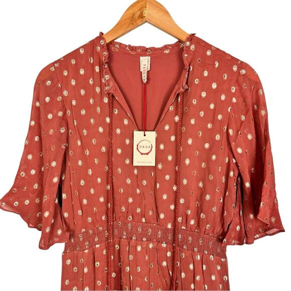 NWT Anthropologie Raga Kenna Polka Dot Tiered Mini Dress Dusty Pink Metallic S - Picture 6 of 10